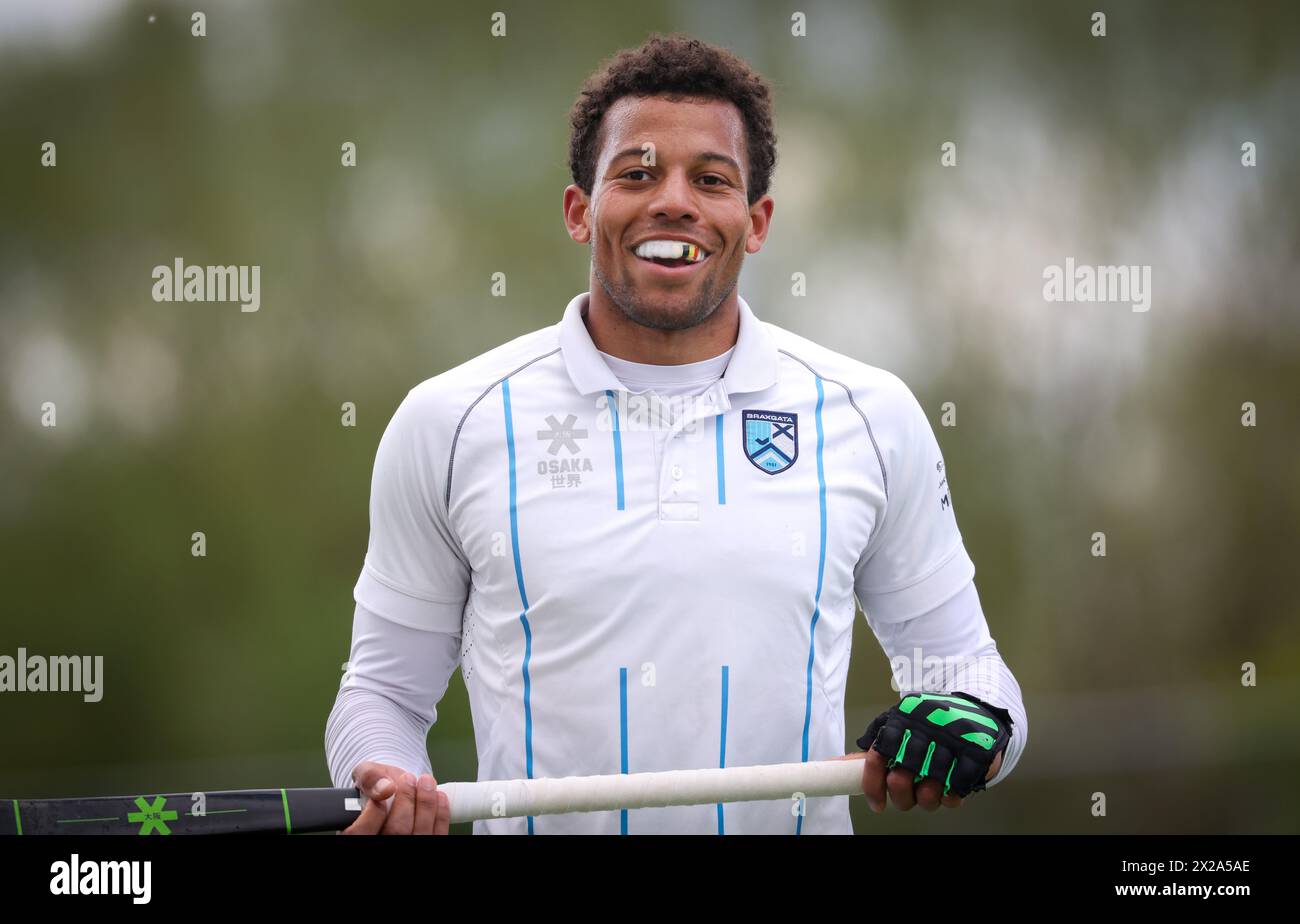 Waterloo, Belgique. 21 avril 2024. Nelson Onana de Braxgata photographié lors d'un match de hockey entre les Ducks de Waterloo et Braxgata, le dimanche 21 avril 2024 à Waterloo, le jour 21 de la saison 2023-2024, de la Ligue belge de hockey masculin. BELGA PHOTO VIRGINIE LEFOUR crédit : Belga News Agency/Alamy Live News Banque D'Images