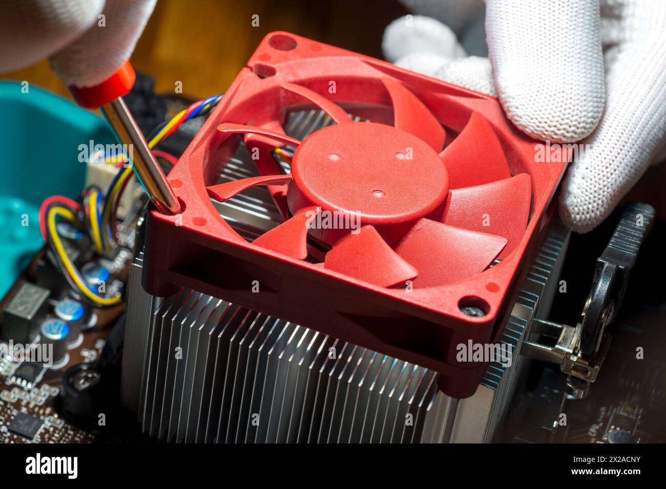 Technicien installant un dissipateur de chaleur refroidi par ventilateur sur le processeur de l'ordinateur Banque D'Images