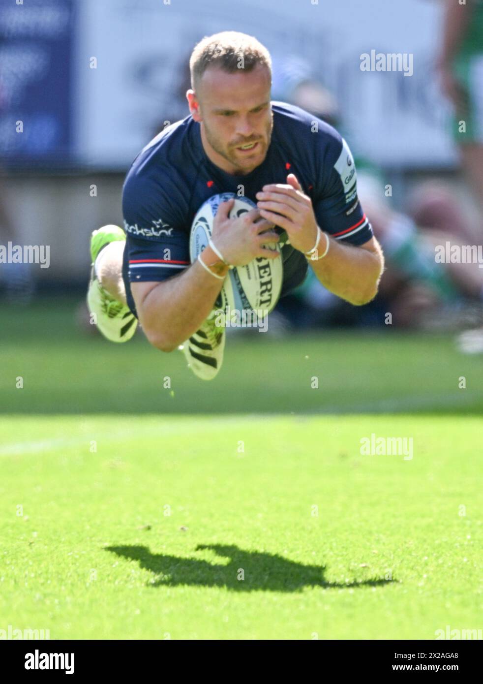 Ashton Gate, Bristol, Royaume-Uni. 21 avril 2024. Gallagher Premiership Rugby, Bristol Bears contre Newcastle Falcons ; James Williams de Bristol Bears marque un essai à la 28e minute pour 26-7 crédit : action plus Sports/Alamy Live News Banque D'Images