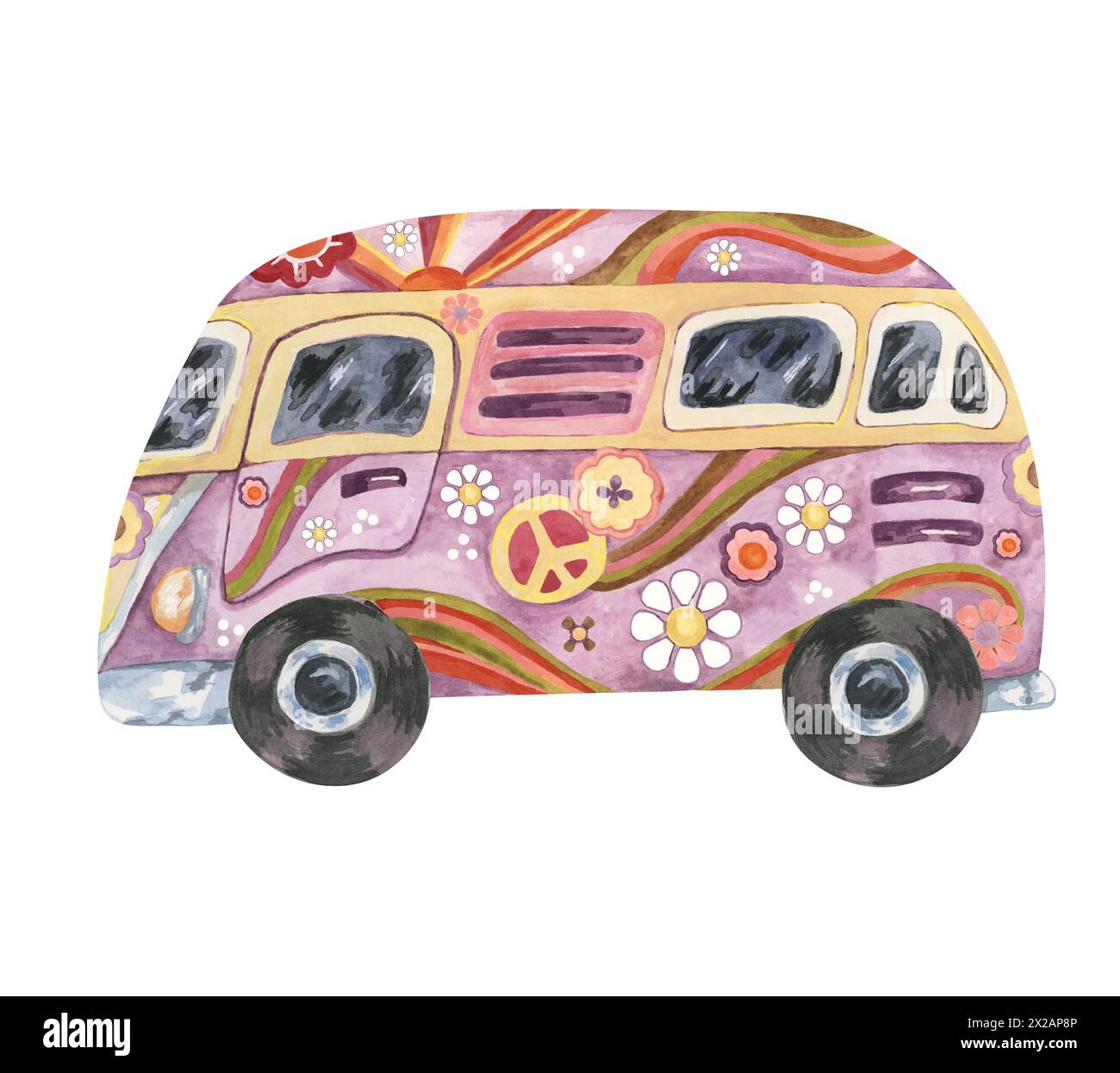 Fourgon camping-car vintage Hippie avec des fleurs. Voiture de bus rétro violette groovy pour le voyage sur la route de puissance de fleur. Dessin aquarelle Trippy, style de dessin animé pour l'impression, voyage avec signe de paix, marguerites, soleil et vagues Banque D'Images