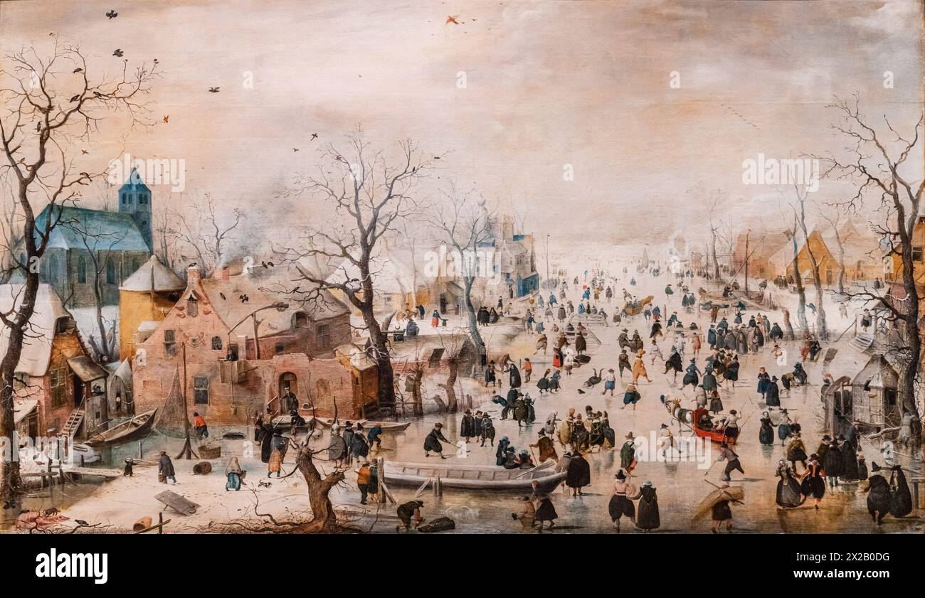 Paysage d'hiver avec patineurs sur glace, Hendrick Avercamp, huile sur panneau 1608, Amsterdam, pays-Bas Banque D'Images