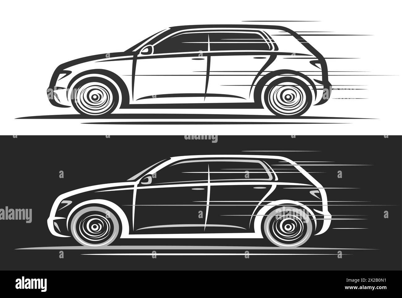 Logo vectoriel pour voiture à hayon, bannières décoratives automobiles avec illustration simple de contour de voiture moderne monochrome en mouvement, élégant clip art de Illustration de Vecteur