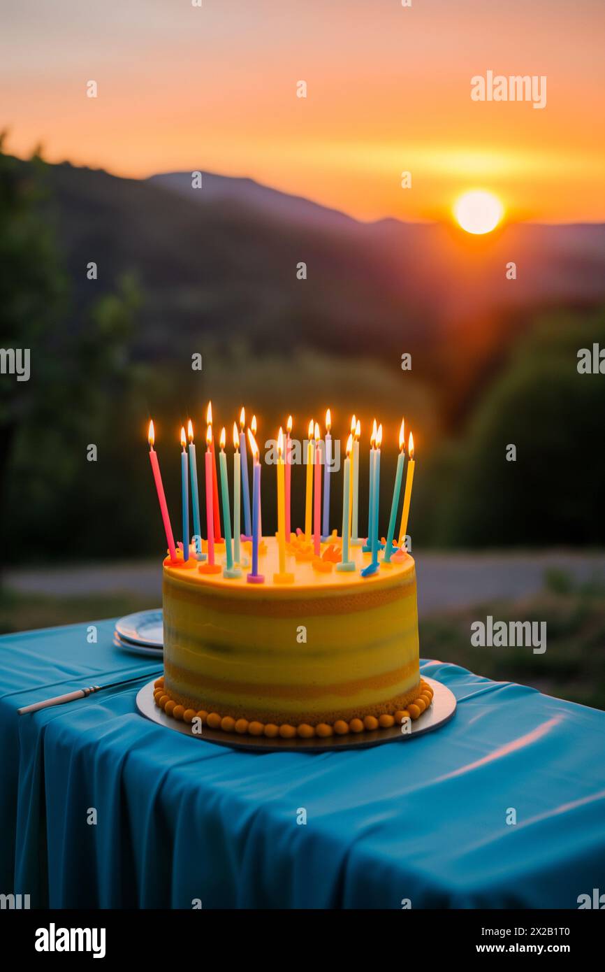 gâteau jaune avec 30 bougies colorées Banque D'Images