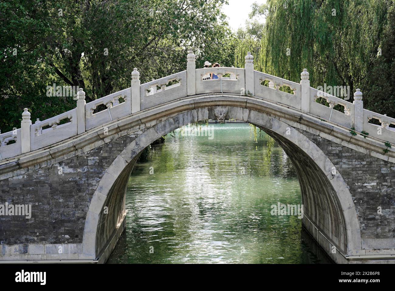 Nouveau Palais d'été, Pékin, Pékin, Chine, Asie, pont en arc chinois traditionnel sur un lac avec des arbres en arrière-plan Banque D'Images