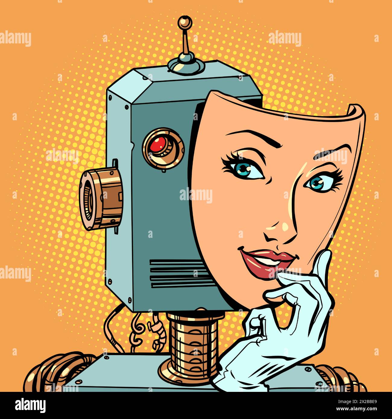 Un robot vintage se cache derrière le visage d'une belle fille. Exposer des bots sur Internet et dans des applications de rencontres. Le danger des programmes tiers steali Illustration de Vecteur