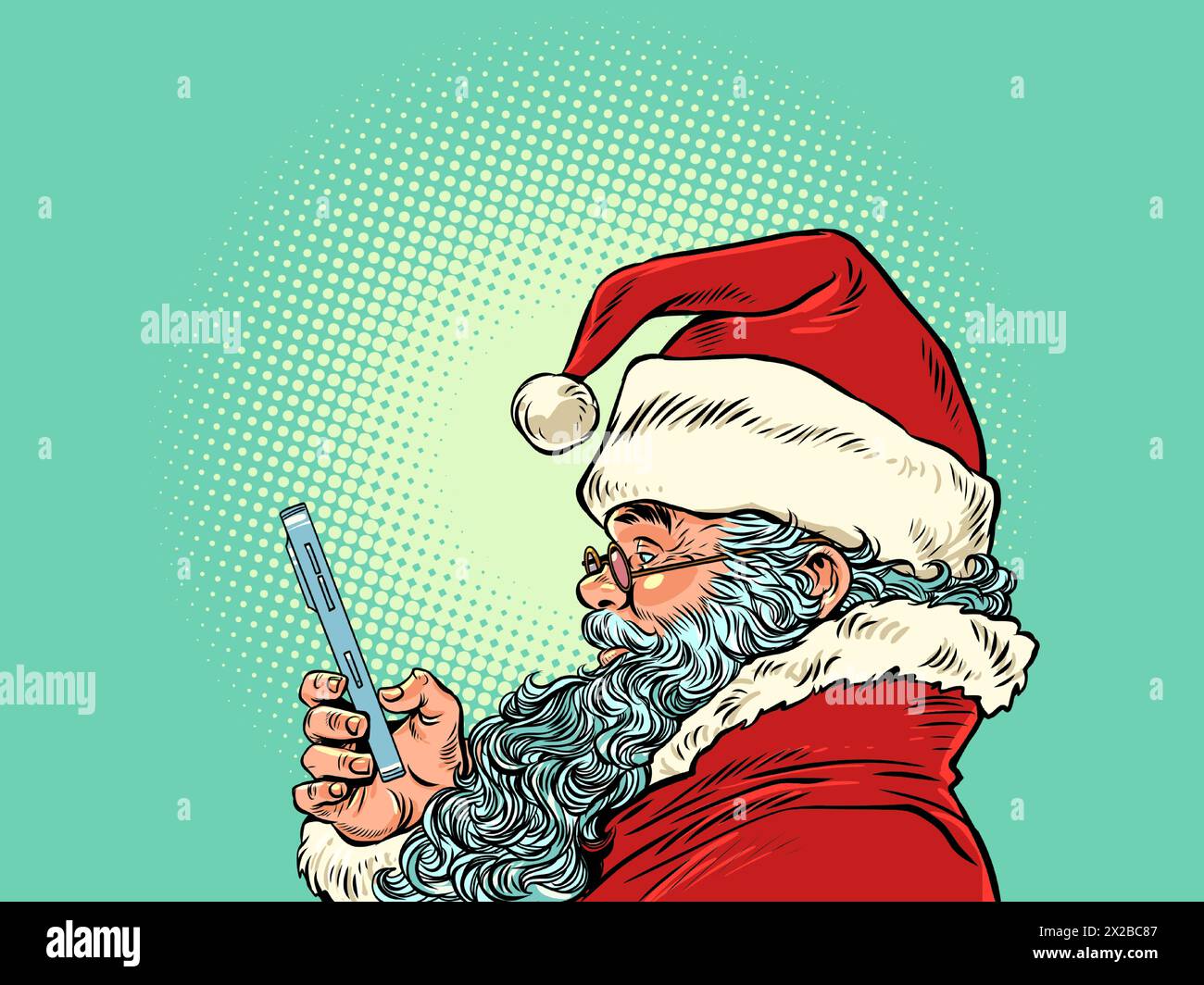 Le Père Noël utilise le téléphone. Offres saisonnières et promotions du nouvel an. Livraison de cadeaux partout dans le monde pendant Noël. Bande dessinée pop Ar Illustration de Vecteur