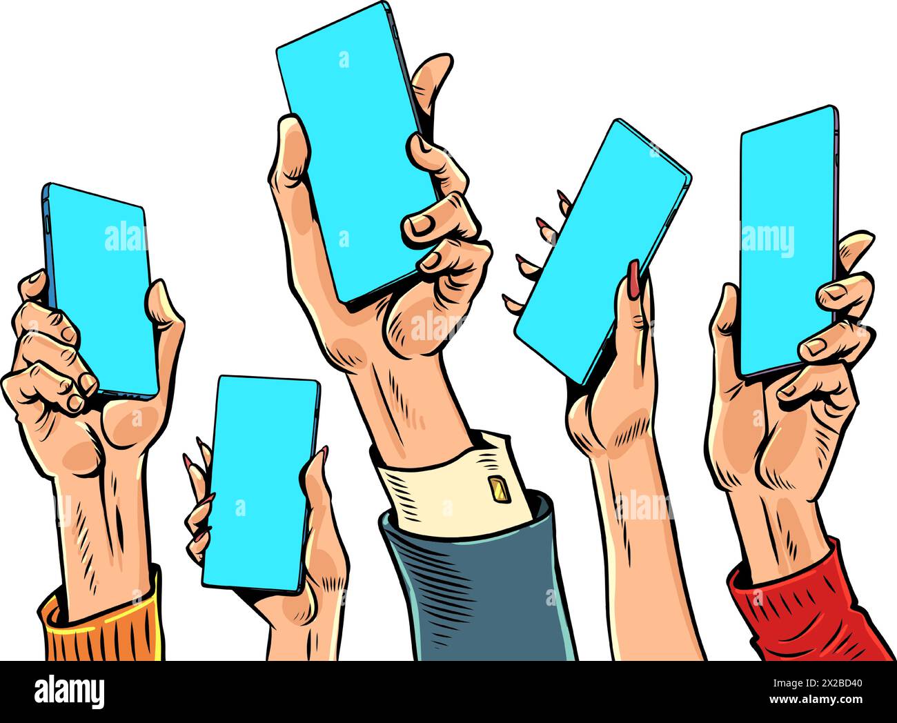 Les gens lèvent la main avec des téléphones. Espace vide pour le texte. Marché mondial des intérêts. Dessin à la main de dessin animé pop art rétro illustration vectorielle. Illustration de Vecteur