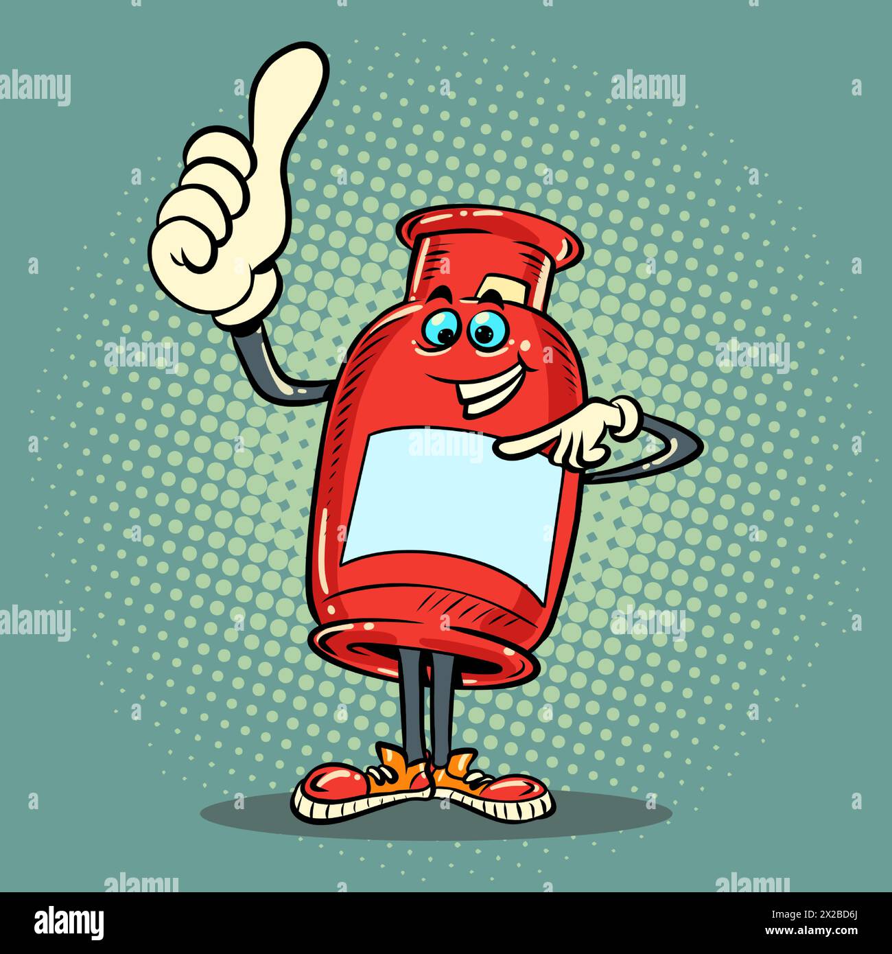 Un pot de ketchup humanisé montre soi-même et classe. Offre avantageuse pour les clients. Le conteneur rouge est digne de confiance. Bande dessinée pop art rétro vecteur ill Illustration de Vecteur
