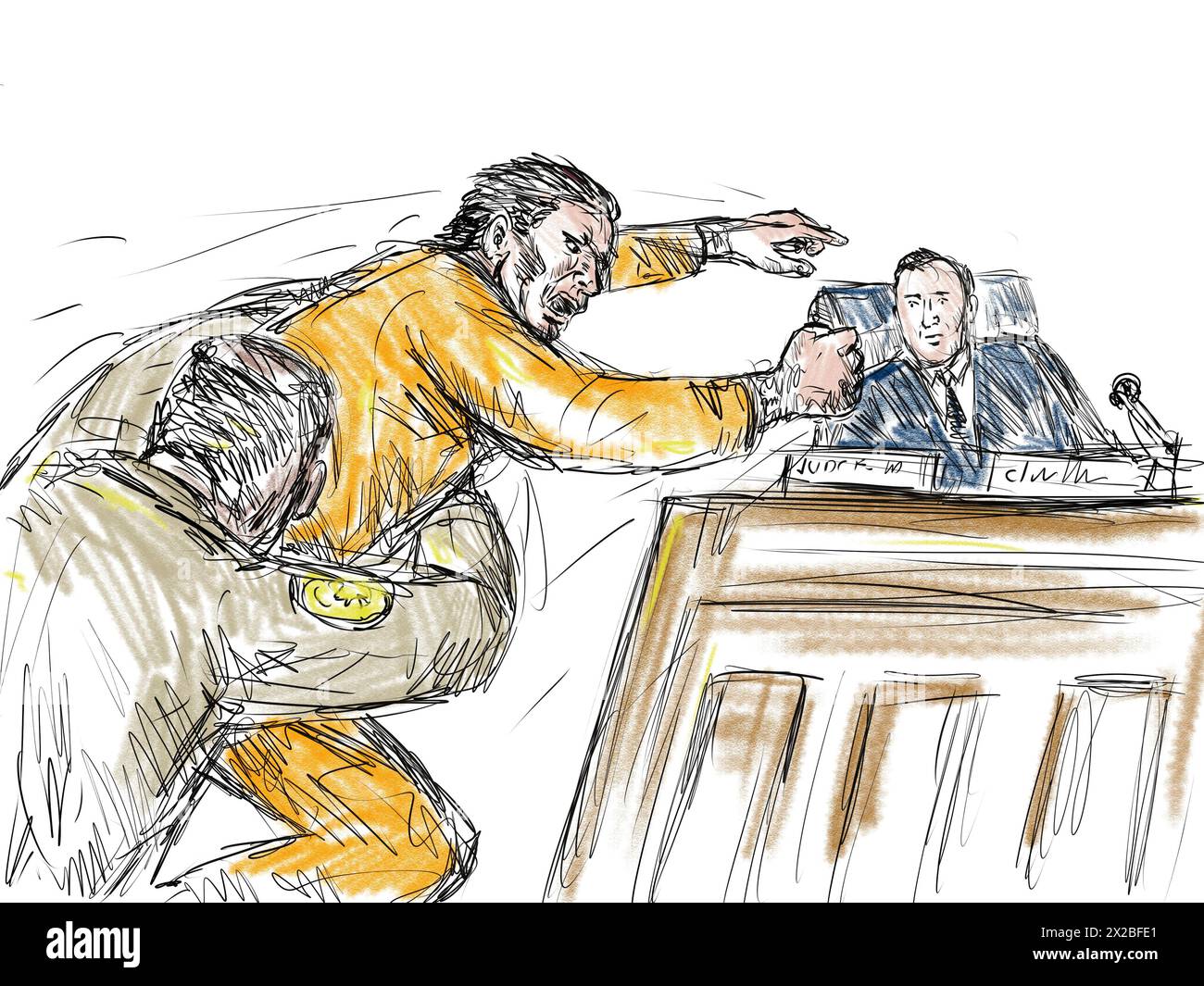 Crayon pastel et croquis à l'encre illustration d'un procès en salle d'audience avec accusé sautant devant le juge avec huissier ou agent de la police de sécurité RES Banque D'Images