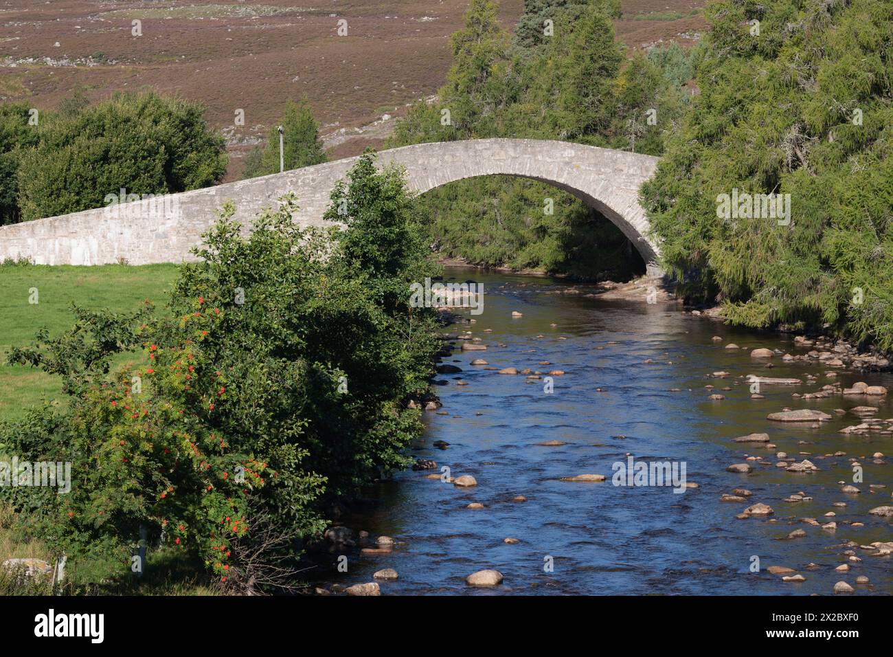 Le vieux pont à arc unique qui traverse la rivière Gairn à Gairnshiel dans le parc national de Cairngorms Banque D'Images