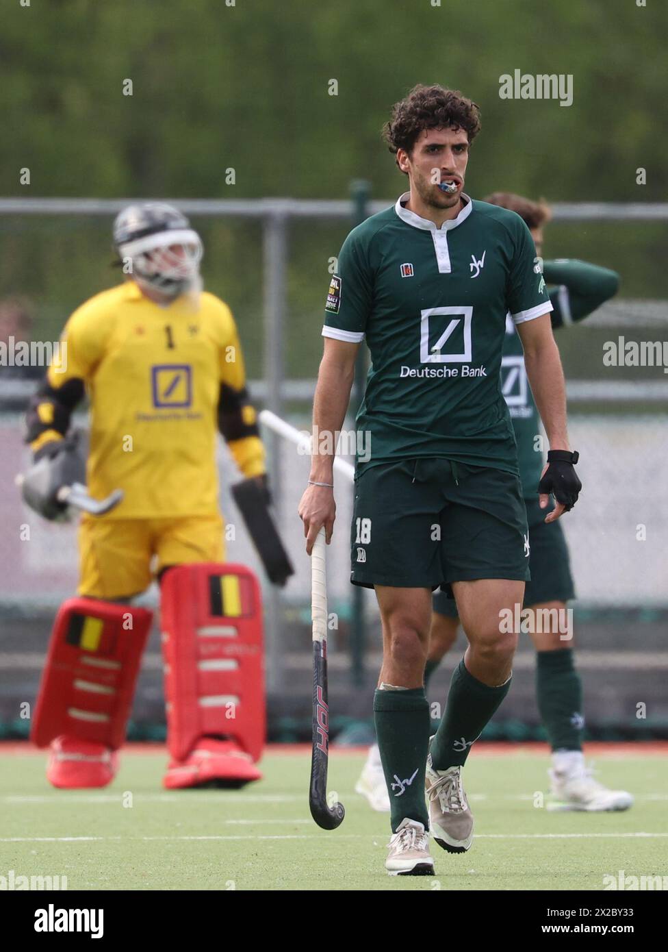 Waterloo, Belgique. 21 avril 2024. Eliot Curty de Watduck semble abattu lors d'un match de hockey entre les Ducks de Waterloo et Braxgata, le dimanche 21 avril 2024 à Waterloo, le jour 21 de la saison 2023-2024, de la Ligue belge de hockey masculin. BELGA PHOTO VIRGINIE LEFOUR crédit : Belga News Agency/Alamy Live News Banque D'Images