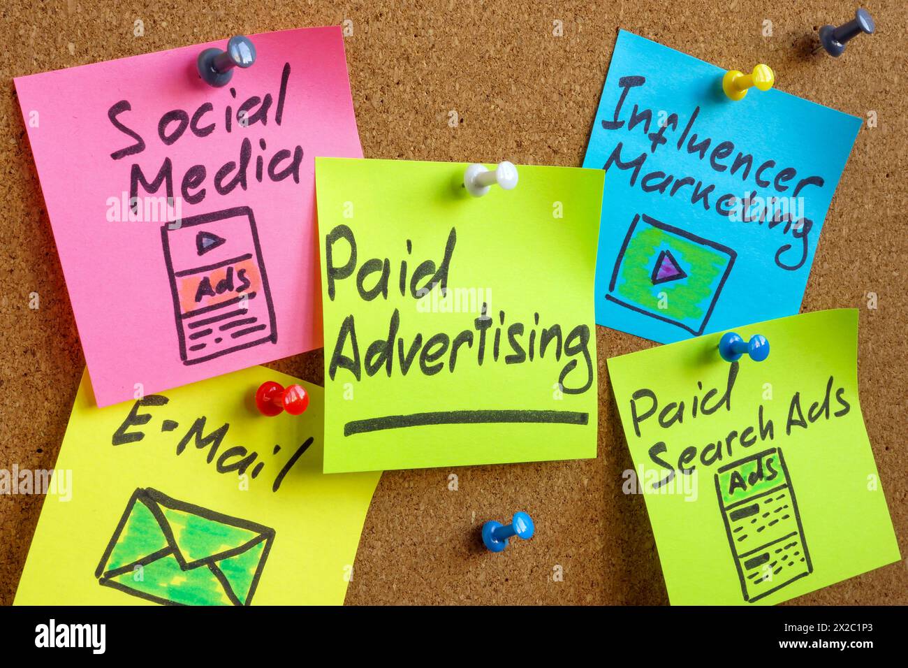 Autocollants avec des notes publicitaires payantes épinglées sur le tableau de planification marketing numérique. Banque D'Images