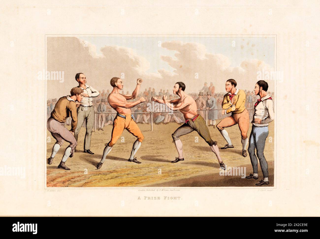 Illustration vintage d'hommes s'engageant dans un combat de poing de boxe, entourés de spectateurs en tenue traditionnelle, vers les années 1820 Litho de Henry Thomas Alken, Banque D'Images