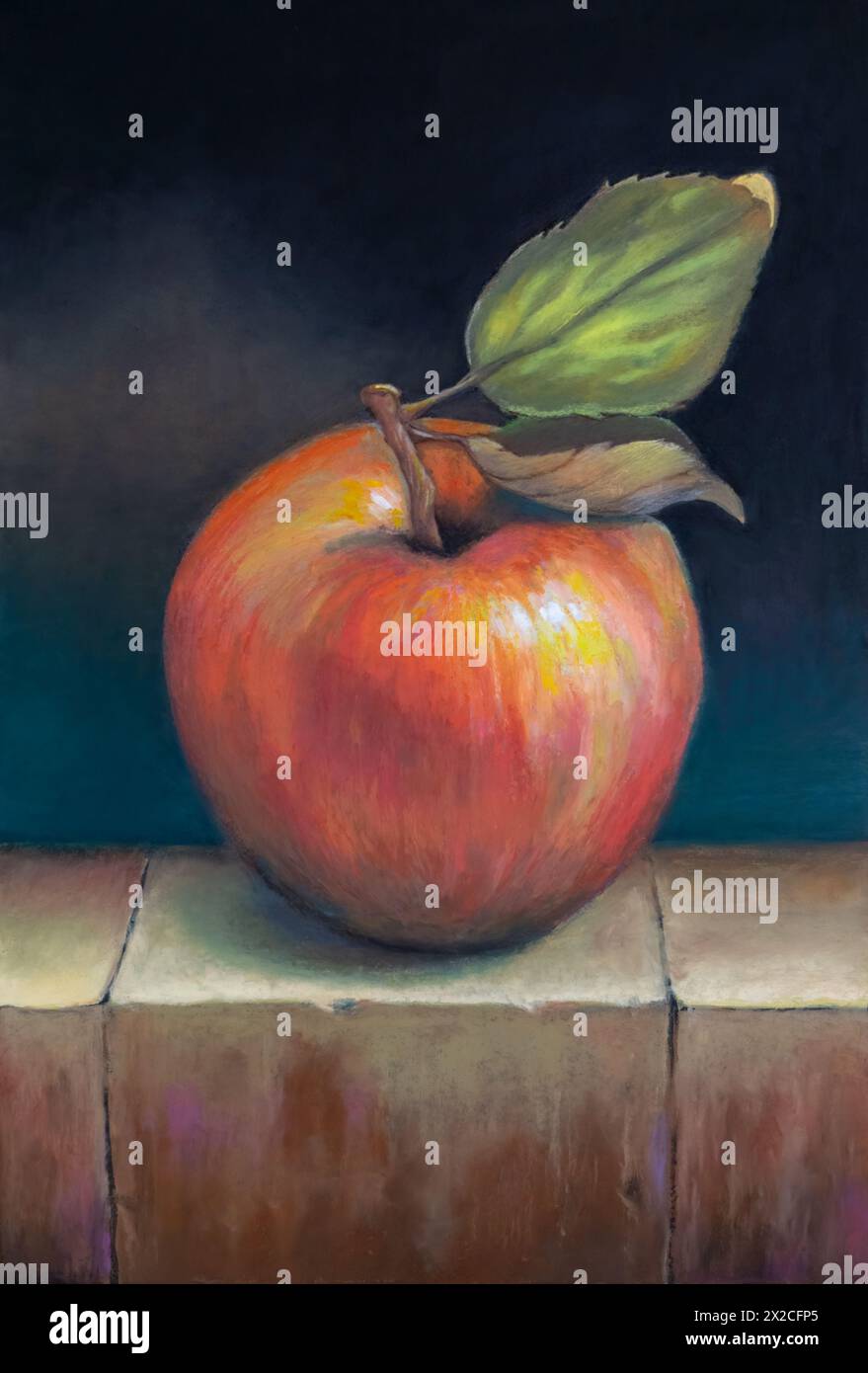 Une pomme rouge assise sur quelques blocs de pierre sur un fond sombre. Peinture pastels à l'huile sur papier. Banque D'Images
