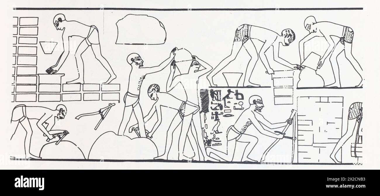 Peinture d'un tombeau à Thèbes représentant des travaux de construction sur la ferme du temple d'Amon. Peinture du milieu du IIe millénaire av. J.-C. Photo du milieu du XXe siècle. Banque D'Images