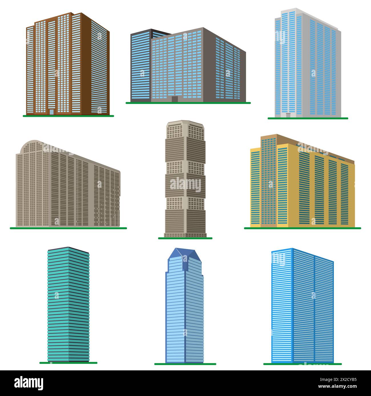 Ensemble de neuf bâtiments modernes de grande hauteur sur un fond blanc. Vue du bâtiment depuis le bas. Illustration vectorielle isométrique. Illustration de Vecteur