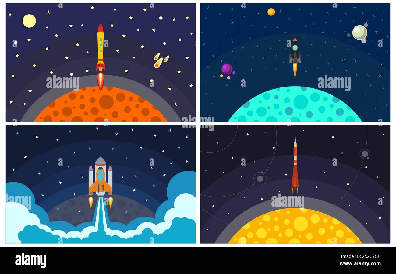 Ensemble de quatre illustrations vectorielles avec fusée volante. Voyage spatial. Illustration de Vecteur