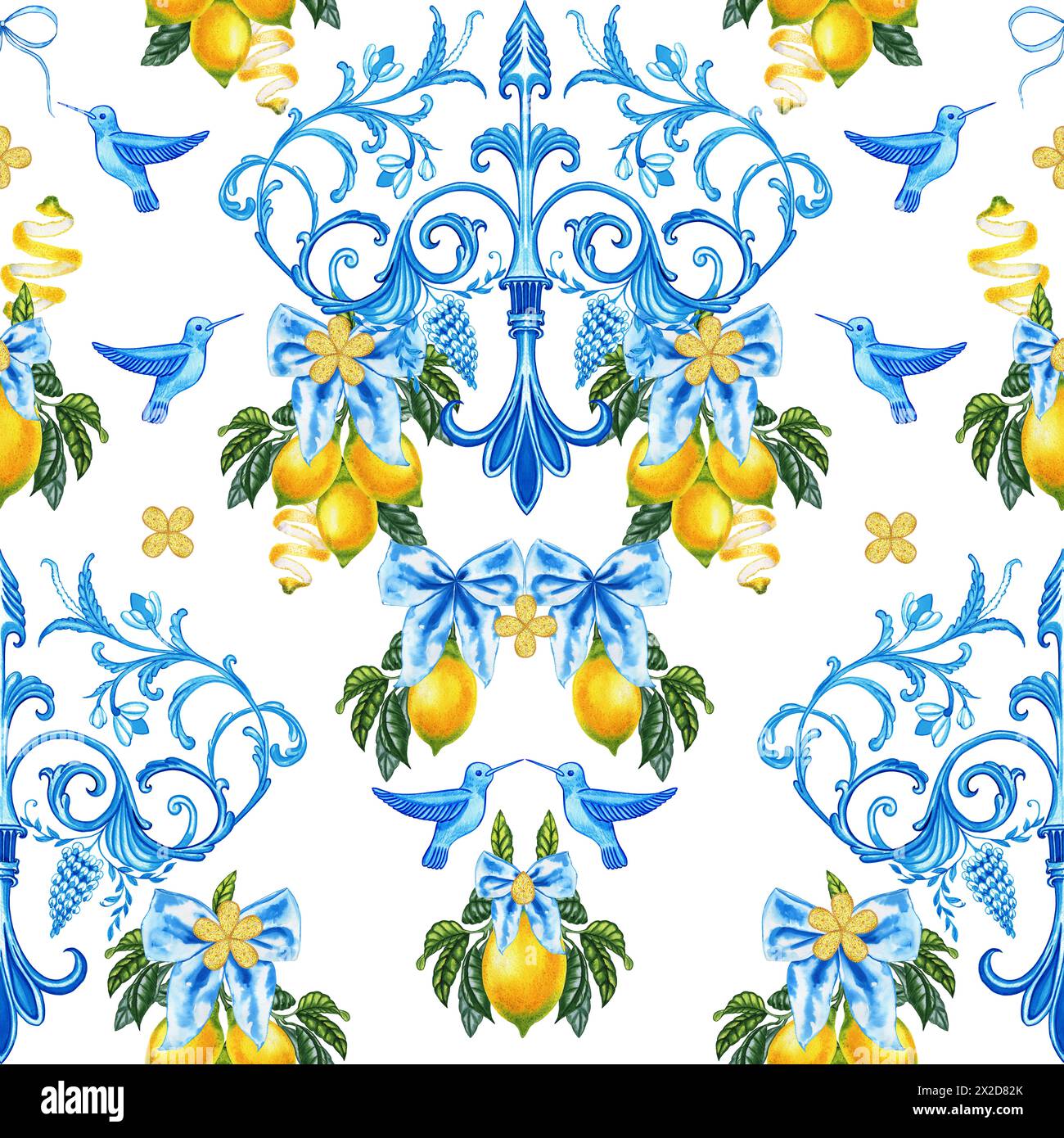 Ornement italien traditionnel et branches de citrons aquarelle sans couture. Imprimé d'été sicilien avec colibris et noeuds. Imprimé méditerranéen Banque D'Images