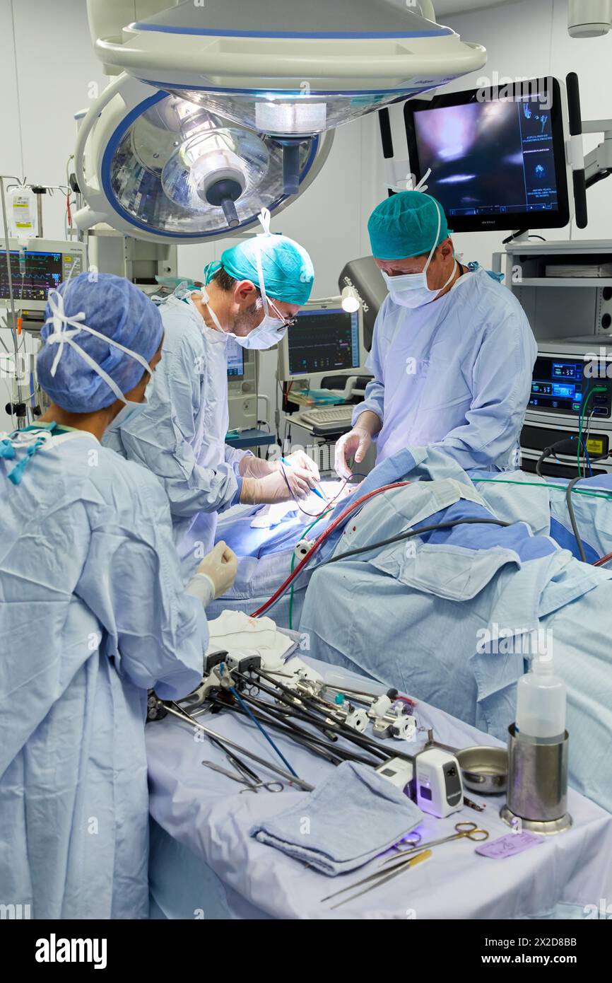 Traitement chirurgical du cancer de la prostate, prostatectomie radicale, robot chirurgical Da Vinci, équipe de chirurgiens des docteurs Madina & Azparren, Urologie, chirurgie Banque D'Images