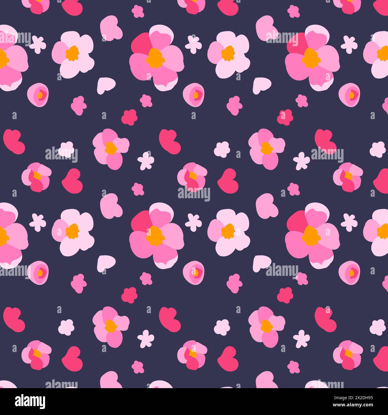 Motif sans couture fleurs de sakura fond sombre texture dessinée à la main pétales de cerise rose ornement lumineux Vector Flat illustration Illustration de Vecteur