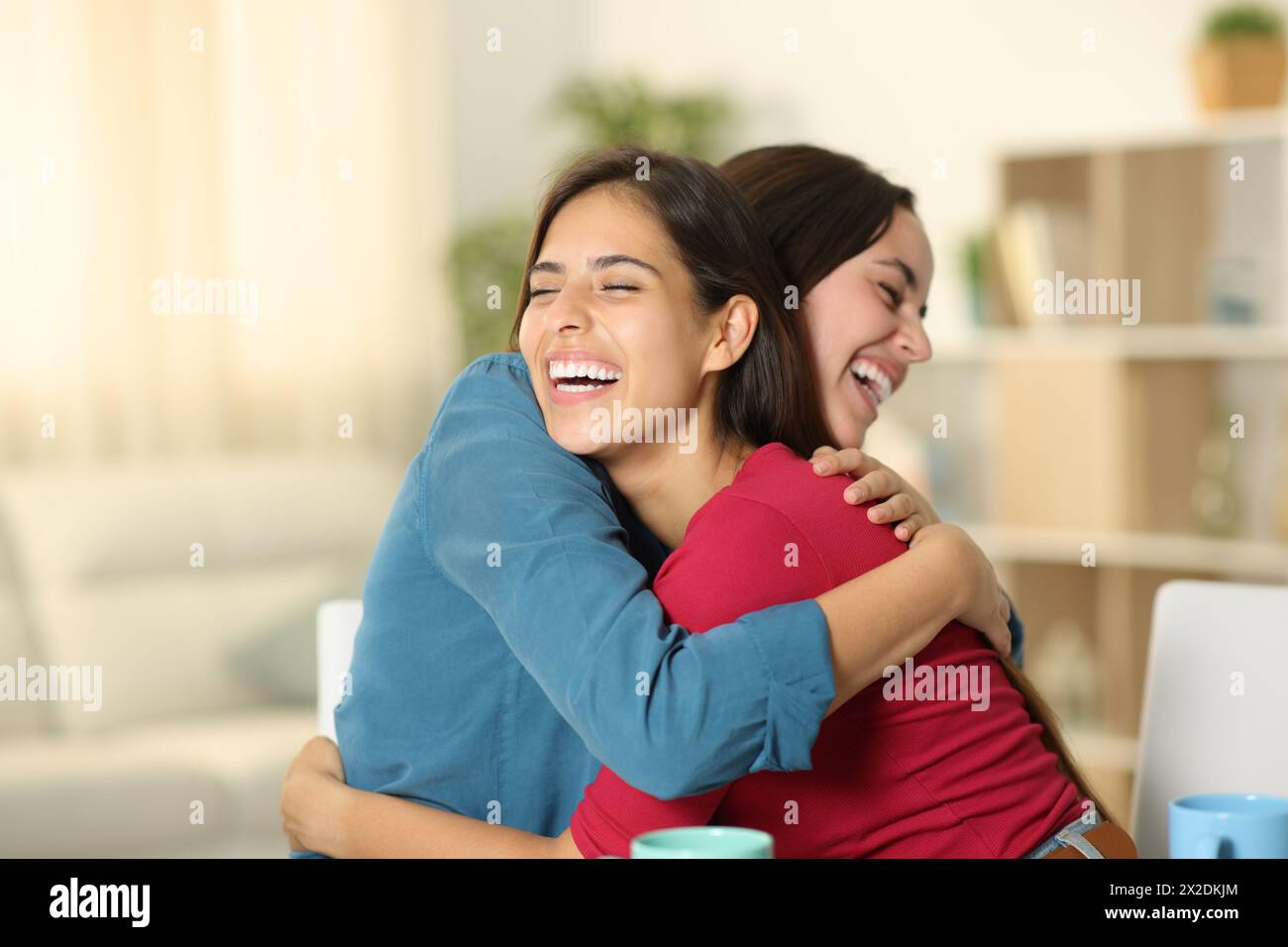 Deux amis heureux se serrent dans leurs bras et rient à la maison Banque D'Images