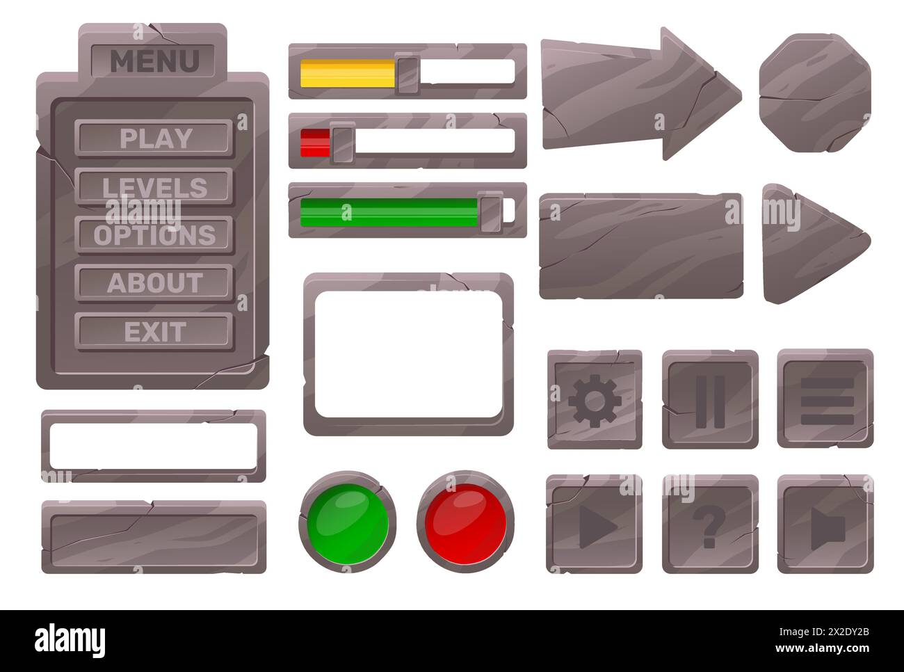 Cadres et boutons en pierre. Eléments d'interface utilisateur de dessin animé. Style médiéval. Menu de l'interface graphique de texture Rocky. Plaques et barres de progression de chargement. Cartes avec Illustration de Vecteur