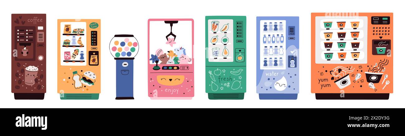 Distributeurs automatiques. Dispositifs électroniques pour la vente de collations et de boissons. Produits de vente au détail automatiques. Jouets Gashapon. Restauration rapide et boissons vendre de l'équipement Illustration de Vecteur