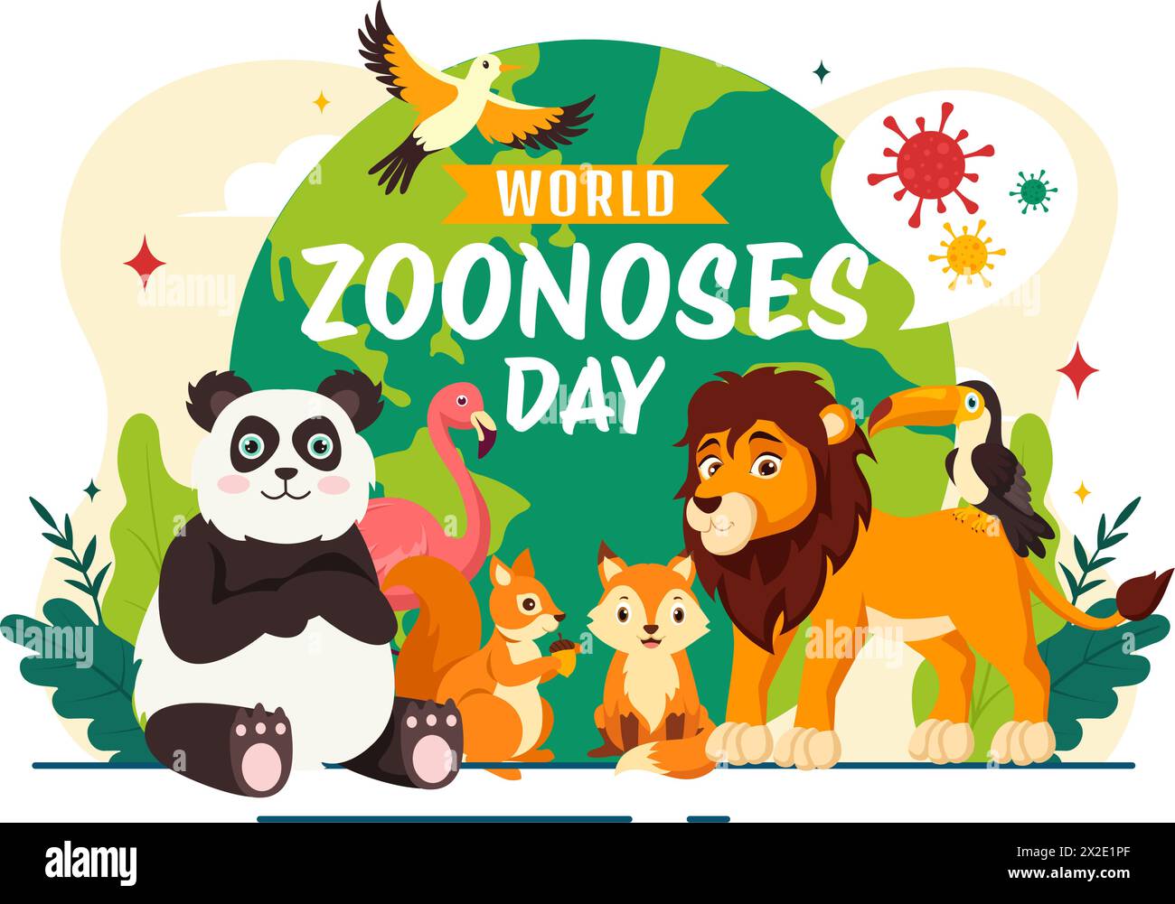 World zoonoses Day illustration vectorielle le 6 juillet avec divers animaux et plantes qui est dans la forêt à protéger dans Flat Cartoon fond Design Illustration de Vecteur