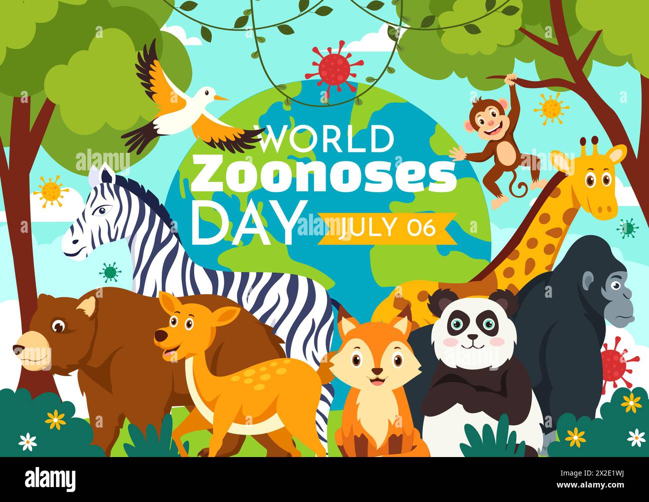World zoonoses Day illustration vectorielle le 6 juillet avec divers animaux et plantes qui est dans la forêt à protéger dans Flat Cartoon fond Design Illustration de Vecteur