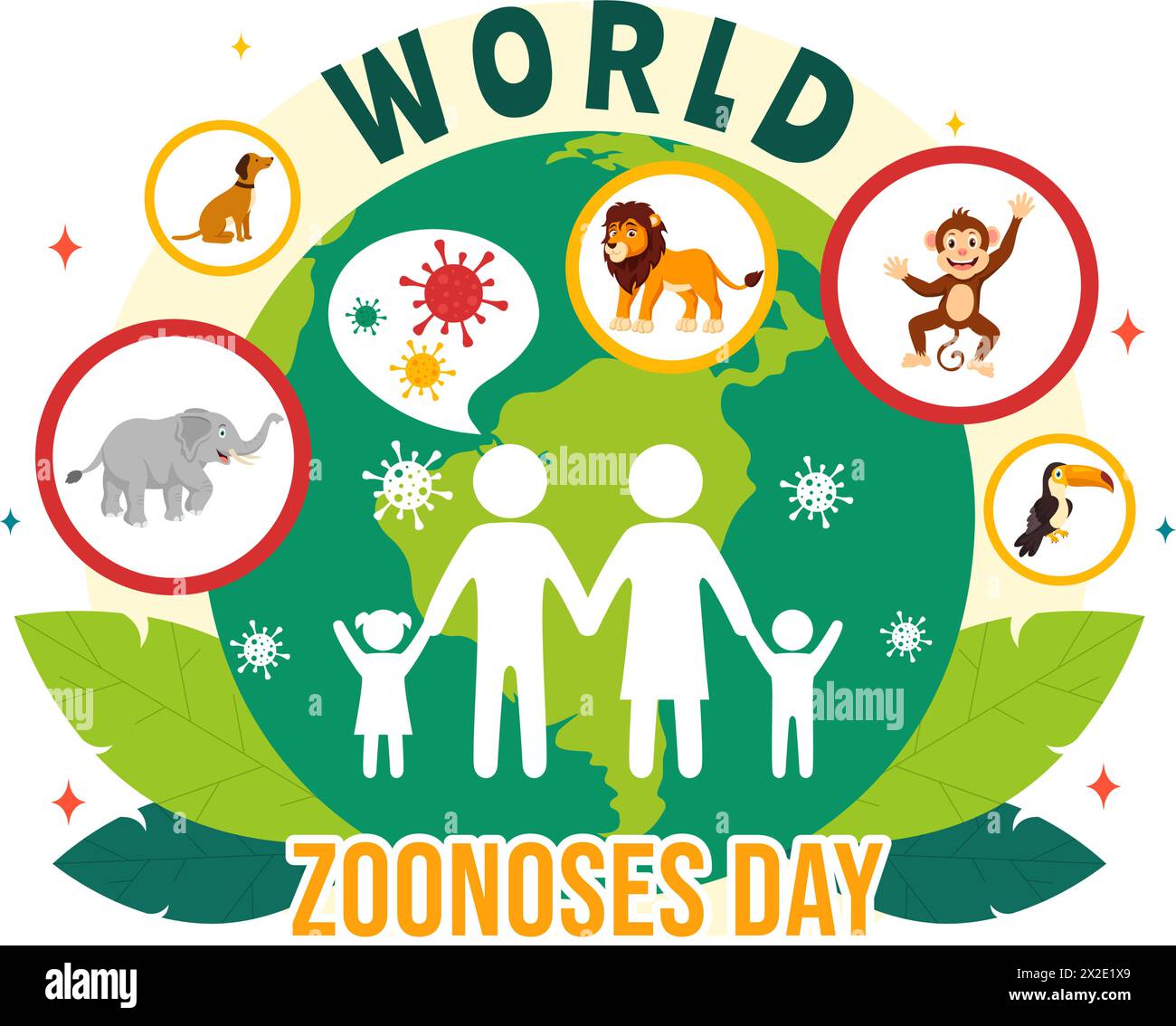 World zoonoses Day illustration vectorielle le 6 juillet avec divers animaux et plantes qui est dans la forêt à protéger dans Flat Cartoon fond Design Illustration de Vecteur