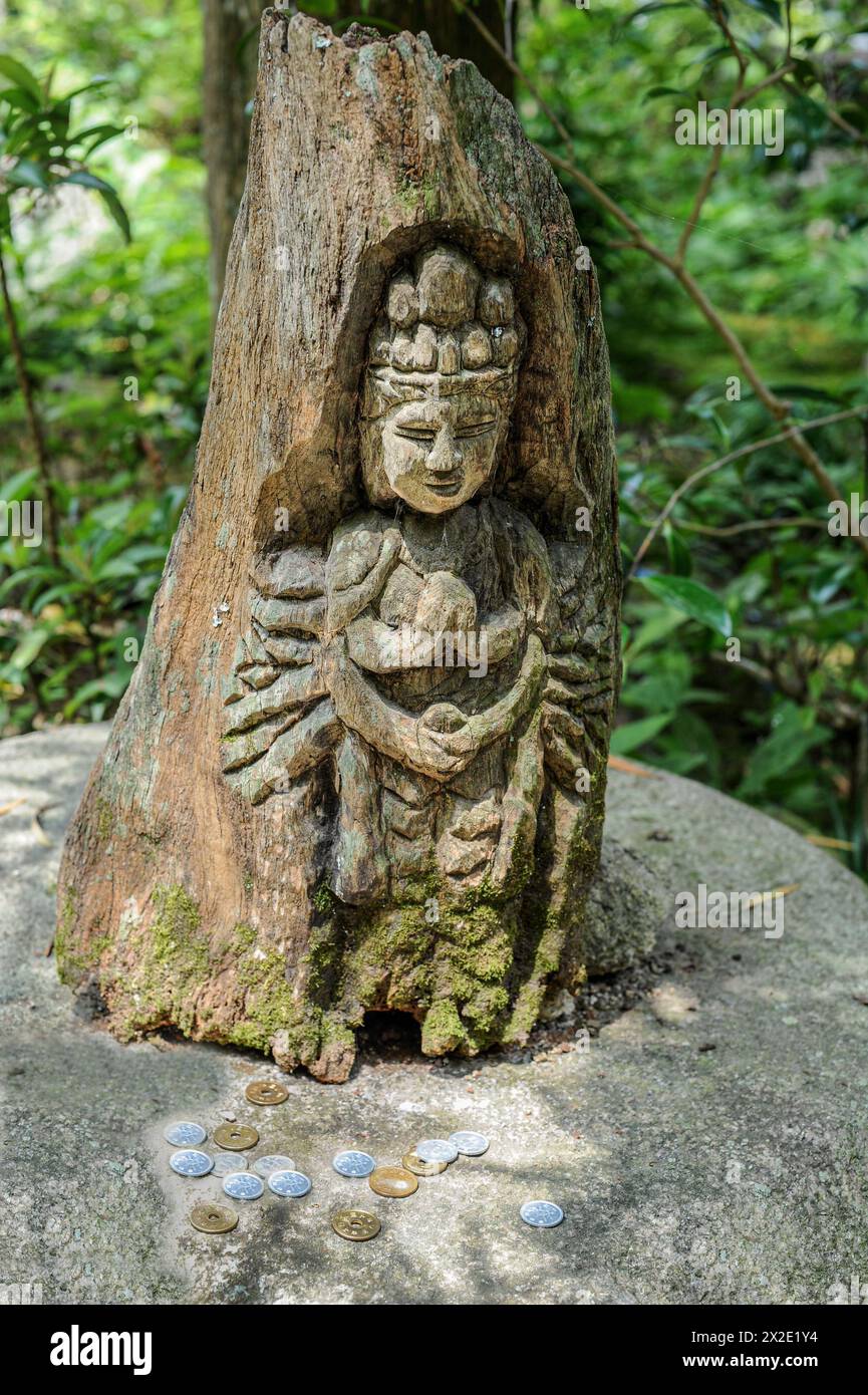 Divinité japonaise, Dieu de la fortune, sculpté dans un tronc d'arbre avec des offrandes de pièces, Japon. Banque D'Images