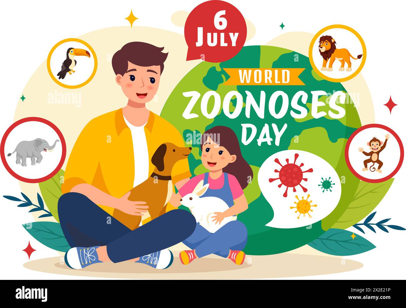 World zoonoses Day illustration vectorielle le 6 juillet avec divers animaux et plantes qui est dans la forêt à protéger dans Flat Cartoon fond Design Illustration de Vecteur