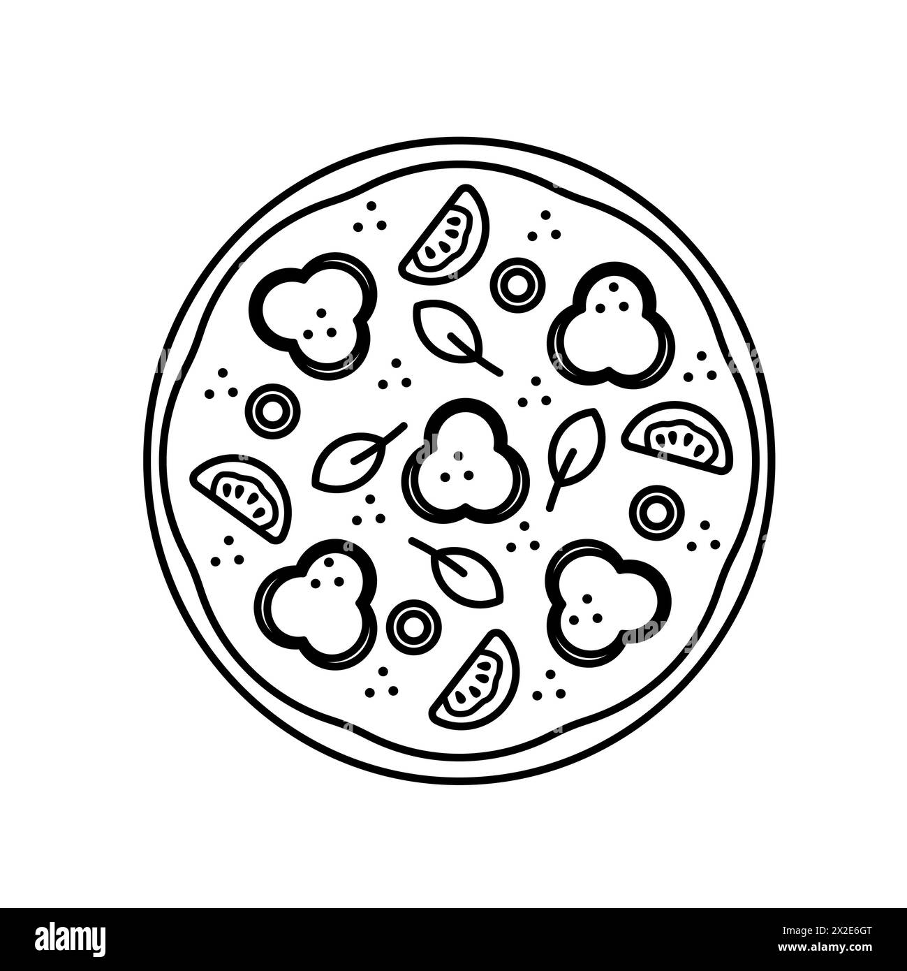 Vecteur entier savoureux pizza italienne fast food. Pizza végétarienne. Poivre, olive, tomate, basilic. Service de livraison de restauration rapide. Esquisse avec style de contour sur w Banque D'Images