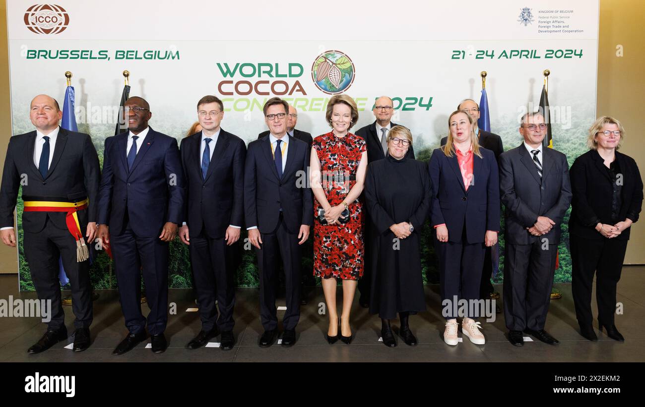 Bruxelles, Belgique. 22 avril 2024. La reine Mathilde de Belgique photographiée lors de l'ouverture de la Conférence mondiale du cacao à Bruxelles, lundi 22 avril 2024. La Reine belge rend visite et prononce des discours lors de cet événement de trois jours pour le secteur du cacao et du chocolat, exerçant son rôle de défenseur des objectifs de développement durable des Nations Unies. BELGA PHOTO BENOIT DOPPAGNE crédit : Belga News Agency/Alamy Live News Banque D'Images