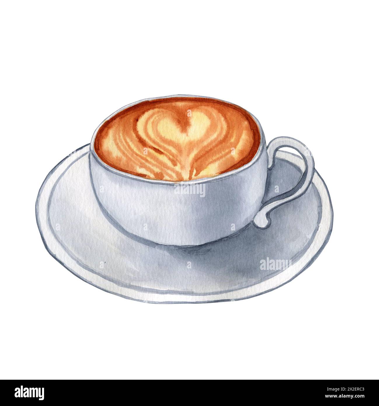 Tasse de café cappuccino aquarelle illustration dessinée à la main. Image d'une boisson chaude avec du lait et de la mousse sur un fond isolé. Pour la barre et le menu. Banque D'Images