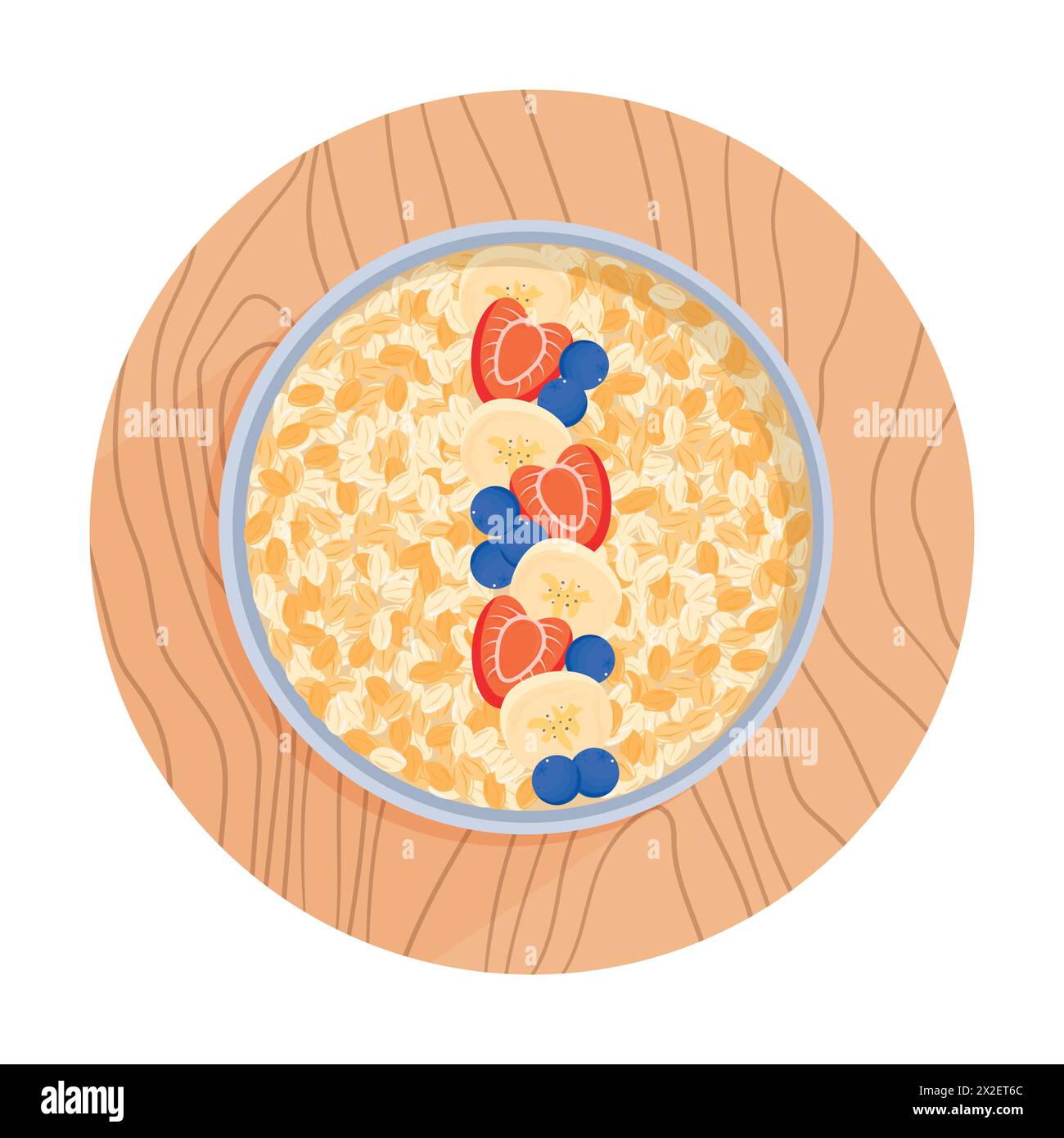 Flocons d'avoine dans un bol sur planche de bois isolé sur fond blanc. Flocons d'avoine avec fraises, bleuets et bananes. Porridge avoine, vue de dessus. En bonne santé Illustration de Vecteur