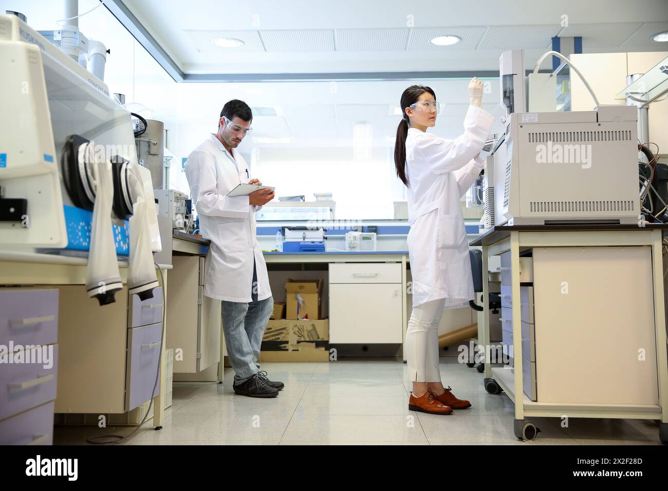 Chercheurs. GC / MS. Chromatographe en phase gazeuse avec détecteur de masse. Analyse des composés organiques dans les extraits obtenus prétraitement des échantillons. Laboratoire organique Banque D'Images