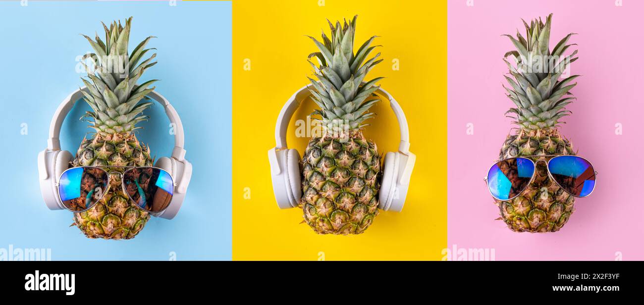 Vacances d'été créatives, fête et fond de vacances avec ananas dans des lunettes de soleil et des écouteurs, musique d'été, concept d'ambiance de loisirs Banque D'Images