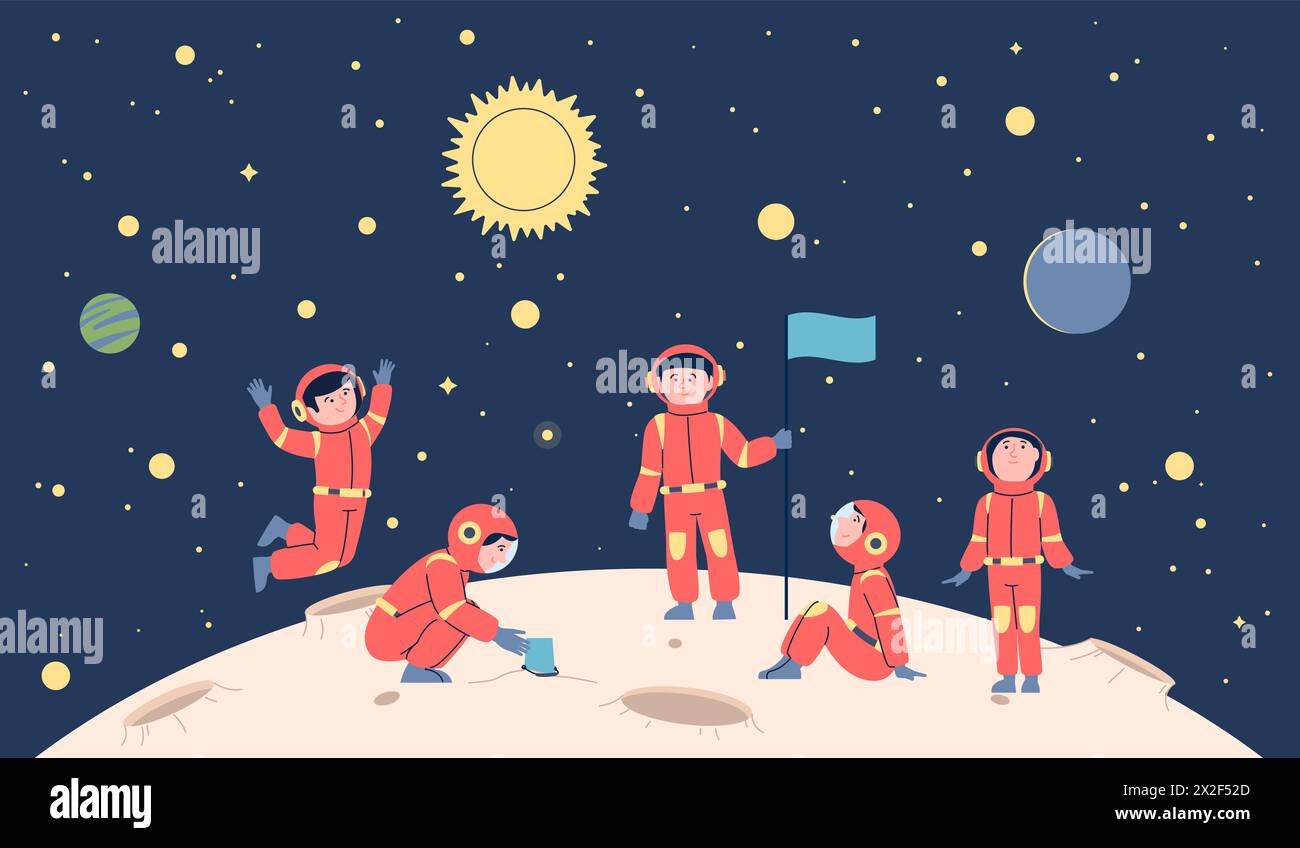 Enfants aventures spatiales. Les enfants explorant l'espace des avions, sur la lune ou mars voyagent. Costume d'espace pour enfant, univers petits explorateurs scène vectorielle récente Illustration de Vecteur