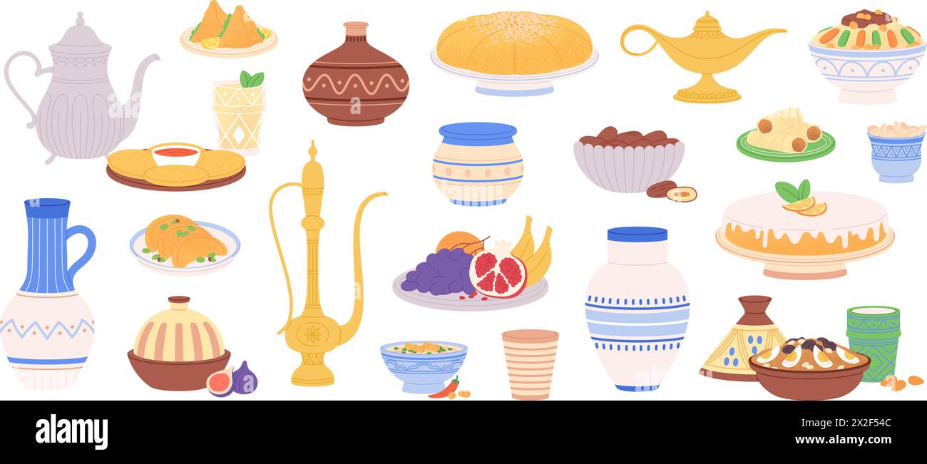 Cuisine marocaine. Objets de poterie arabe, plats arabes traditionnels et pâtisseries. Bols et assiettes décoratifs, cruches et vases. Vecteur racy clipart est Illustration de Vecteur