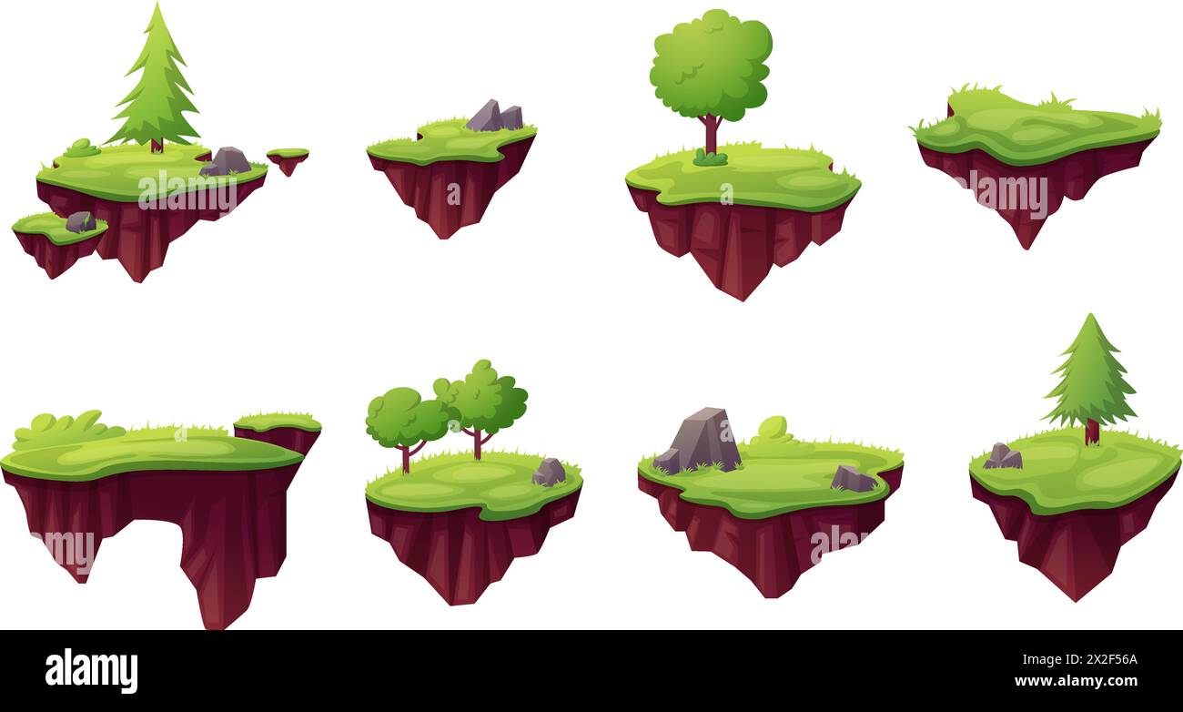 Îlots de gibier volants. Différents terrains avec des pierres, des rochers et des arbres flottant dans l'air. Île de nature vide pour les niveaux de jeux d'arcade, de nos jours dessin animé Illustration de Vecteur