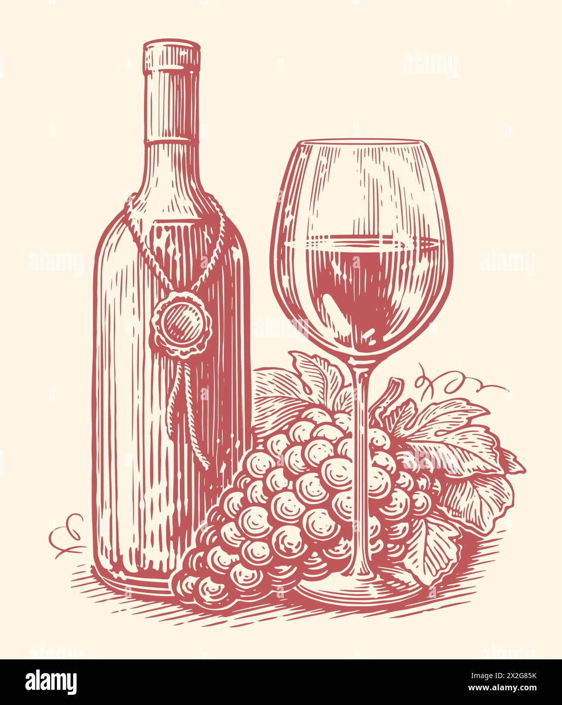 Bouteille de vin et verre de vin, raisin. Croquis de cave. Illustration vectorielle vintage dessinée à la main Illustration de Vecteur