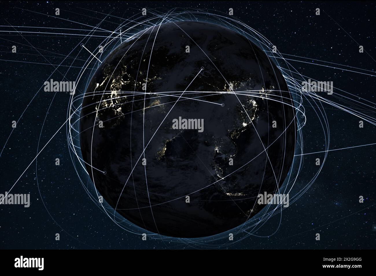 Planète Terre de nuit avec lumières de villes nocturnes d'Asie, de Chine, d'Inde, de Corée et du Japon dans l'espace étoilé avec des lignes de communication et des satellites. Technol Banque D'Images