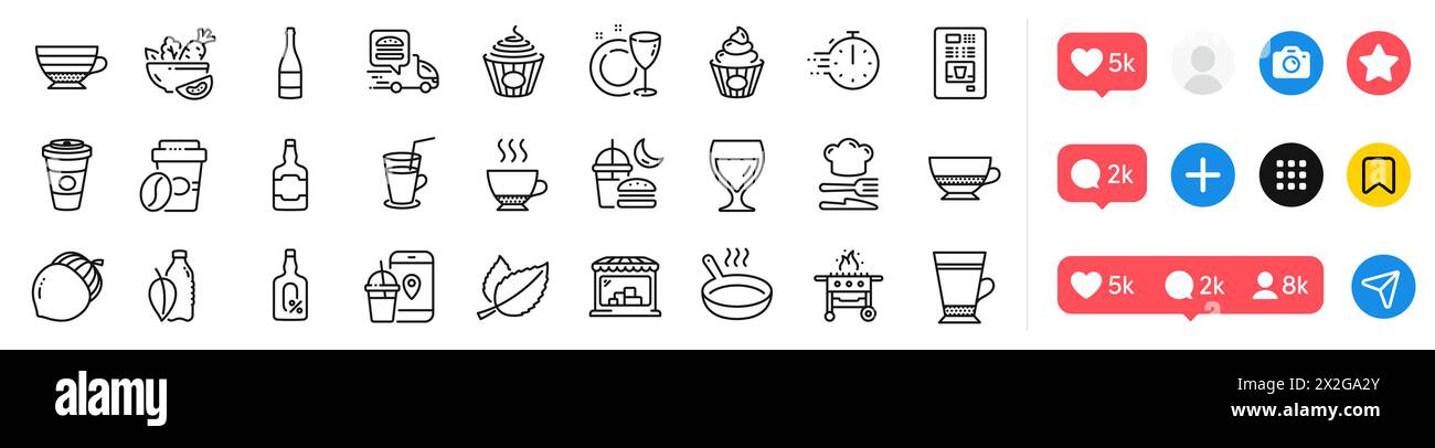 Application alimentaire, Acorn et pack d'icônes de ligne de poêle à frire. Pour l'application Web. Icônes de médias sociaux. Vecteur Illustration de Vecteur