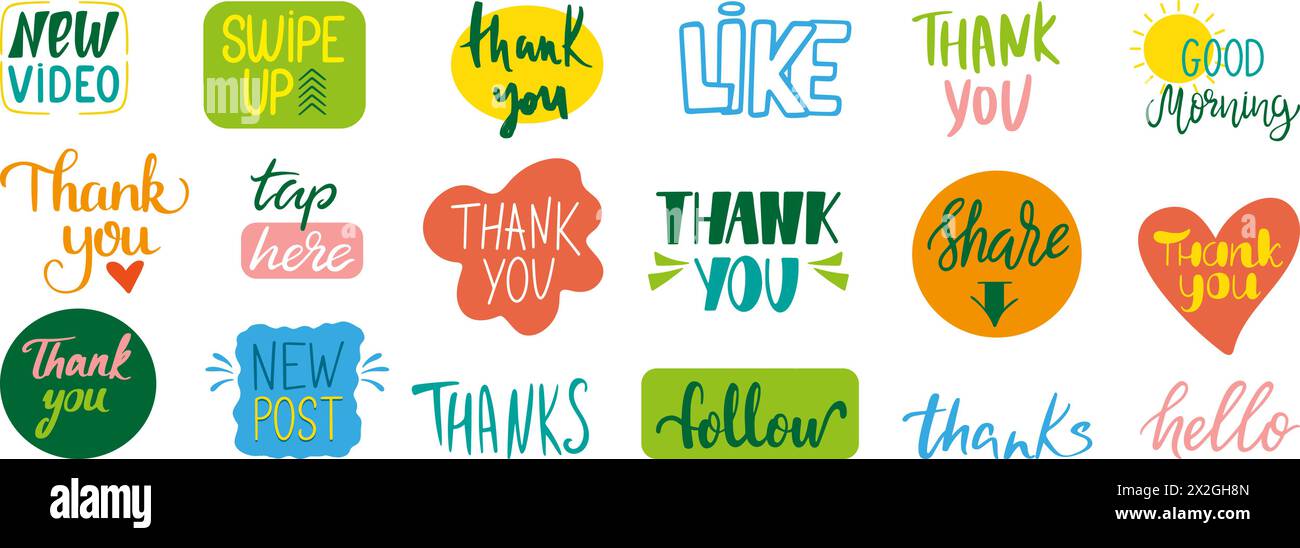 Phrases sur les réseaux sociaux. Messages manuscrits, autocollants avec gratitude pour les abonnés et les abonnés. Ensemble de vecteurs néotériques d'éléments communicatifs modernes Illustration de Vecteur