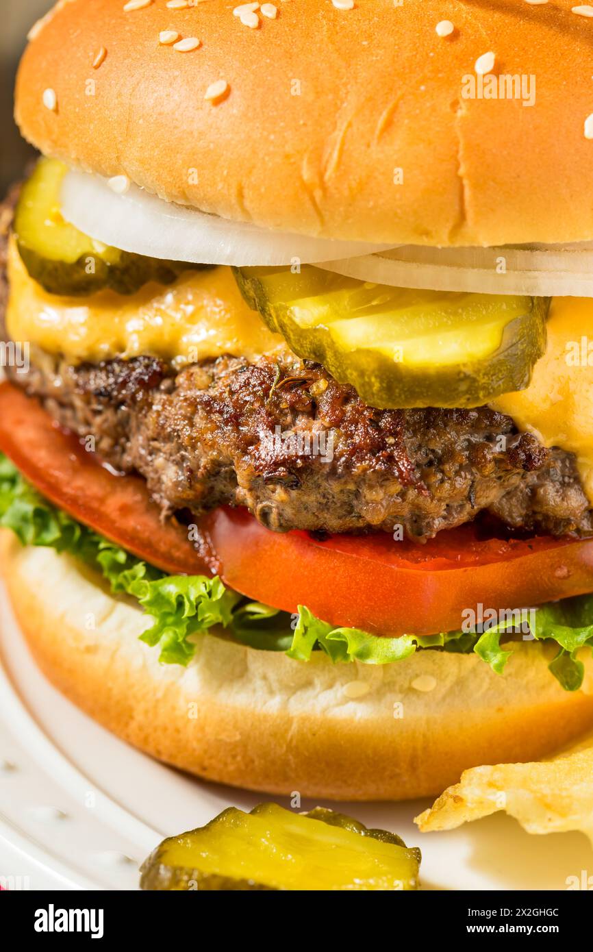 Cheeseburger patriotique du jour du souvenir américain avec croustilles Banque D'Images