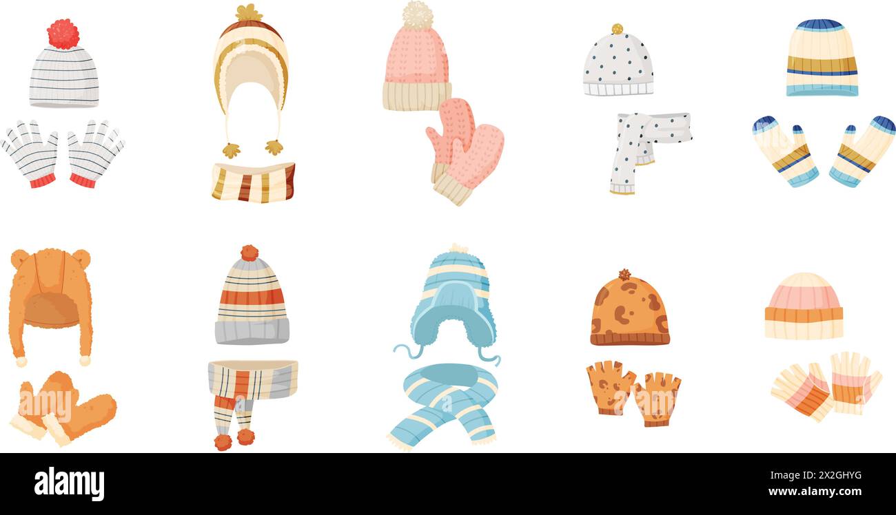 Accessoires chauds pour l'hiver. Chapeaux tricotés, moufles et gants, foulards. Tissu de saison pour enfants et adultes, éléments élégants de bande dessinée Illustration de Vecteur