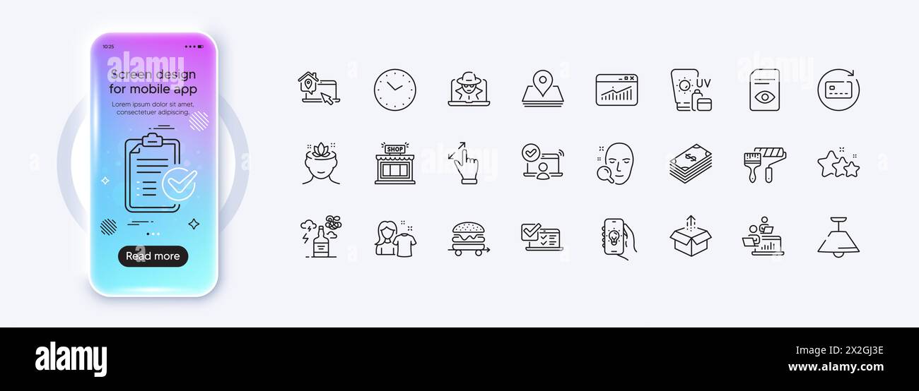 Afficher le document, la boîte d'envoi et les icônes de ligne d'accueil du travail pour l'application Web. Icône de pictogramme. Écran dégradé de la maquette de téléphone. Vecteur Illustration de Vecteur