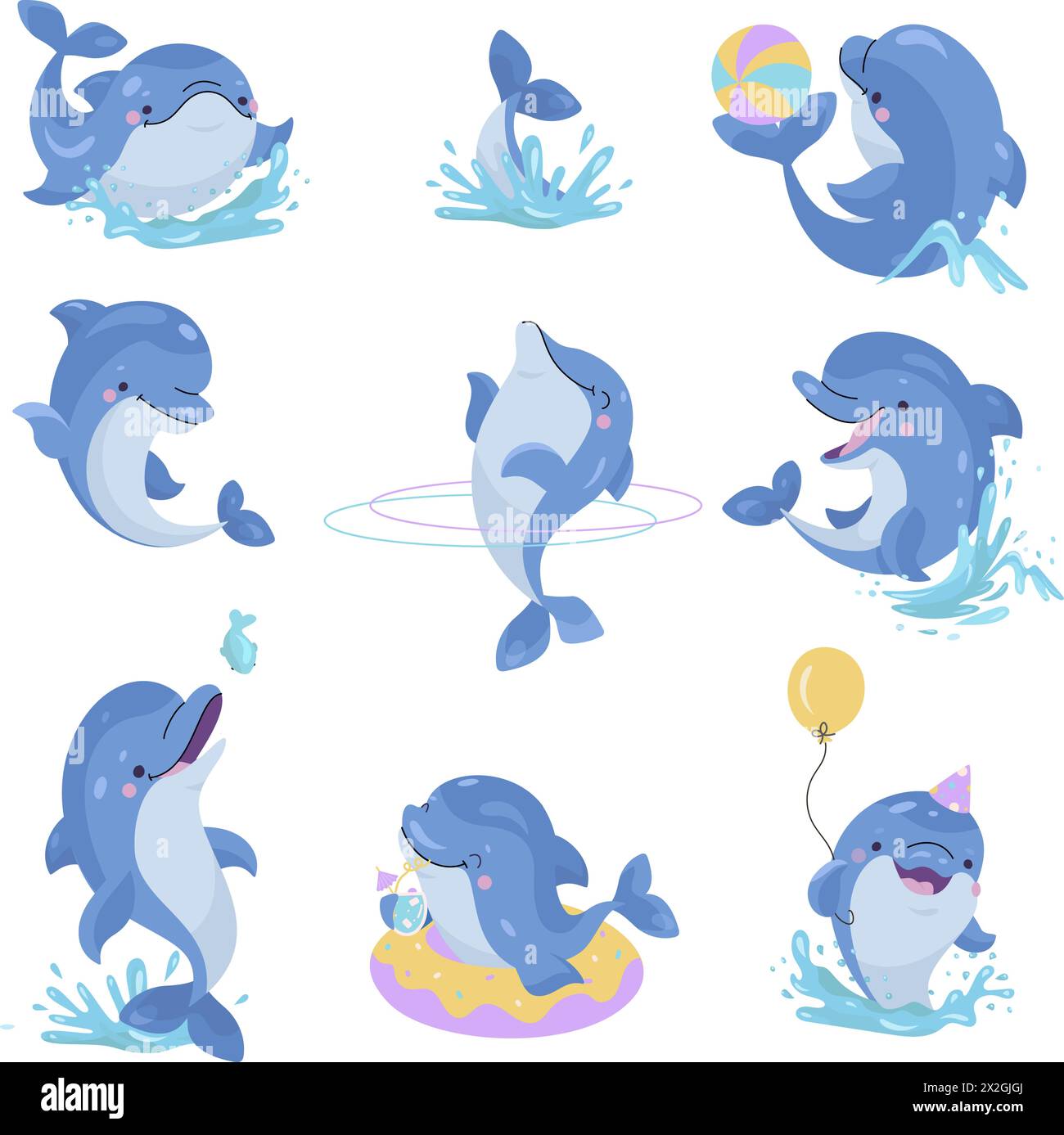 Des dauphins de dessins animés. Drôle de jeu de dauphin, sauter et manger. Spectacle de divertissement animalier artiste dans différentes poses. Personnages sous-marins mignons de nos jours ensemble de vecteurs Illustration de Vecteur