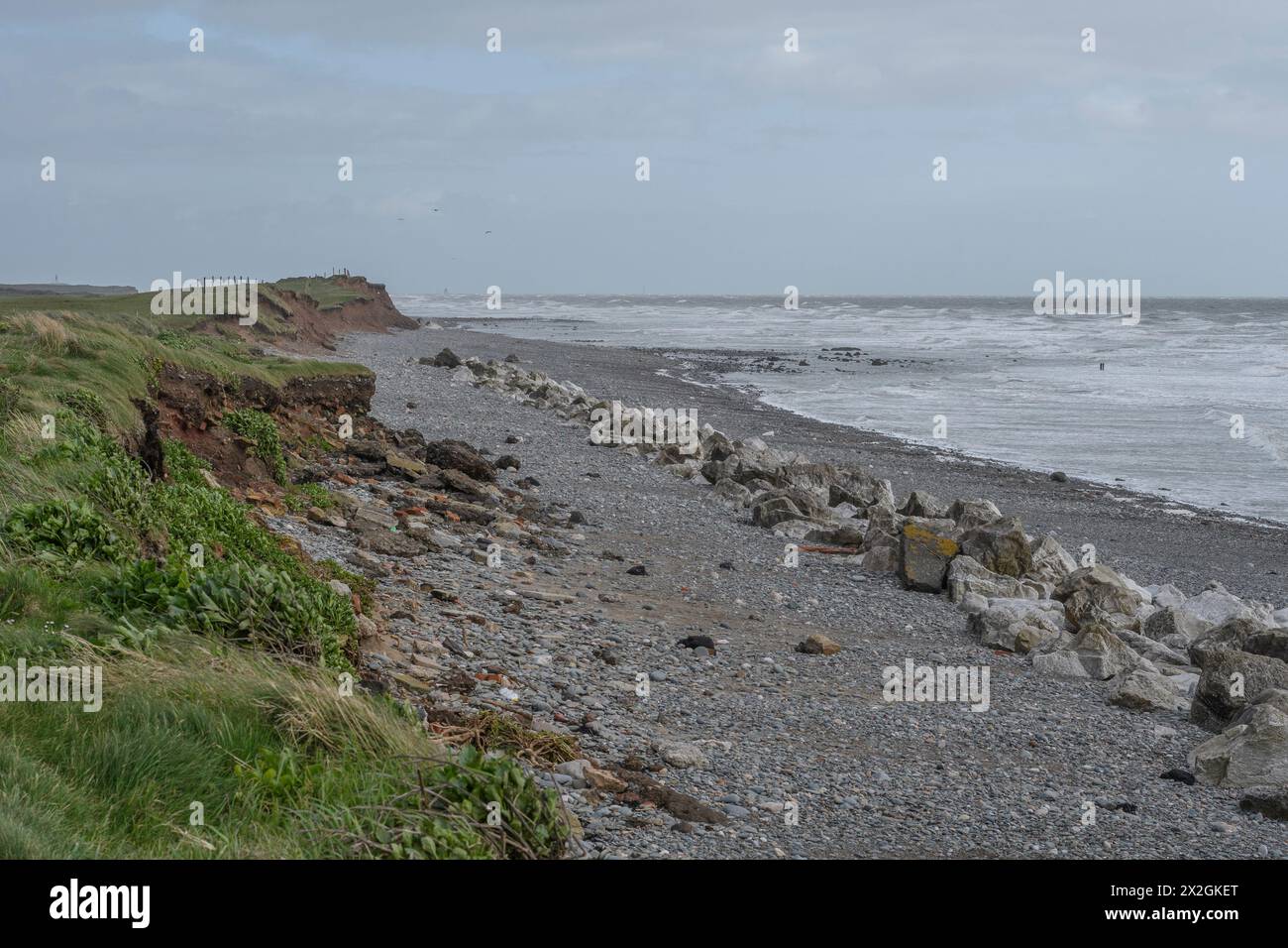 Plage de pierres, falaises balayées par le vent, Walney Island, Cumbria, Royaume-Uni Banque D'Images